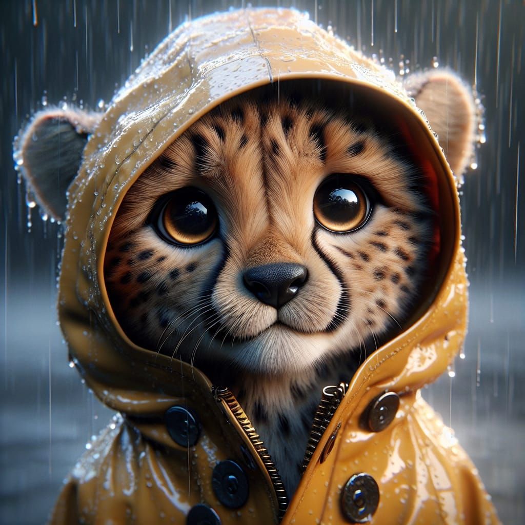 Baby Cheetah in Raincoat: Enchanting 3D Digital Art