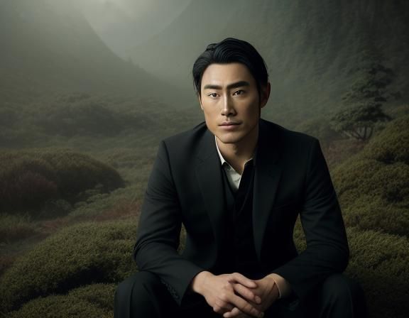 Attractive Elf Man in Black Suit, Hyperrealistic Portrait