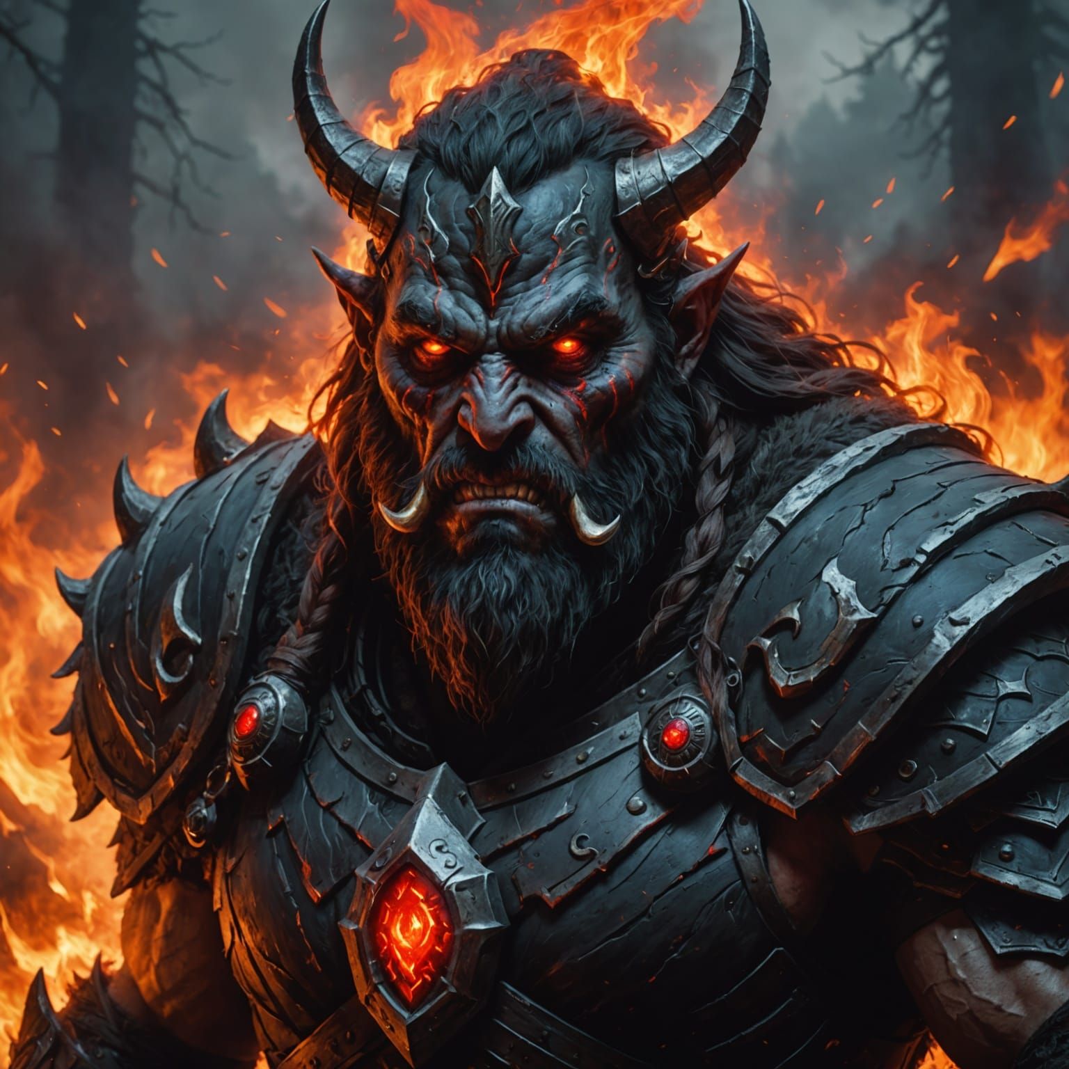 an eerie portrait of a Norse fire giant with glowing red eye...