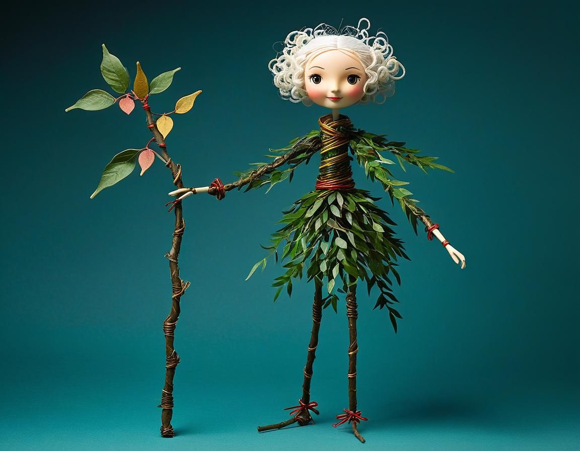 Woman Holds Twig Creature with Chibi Head