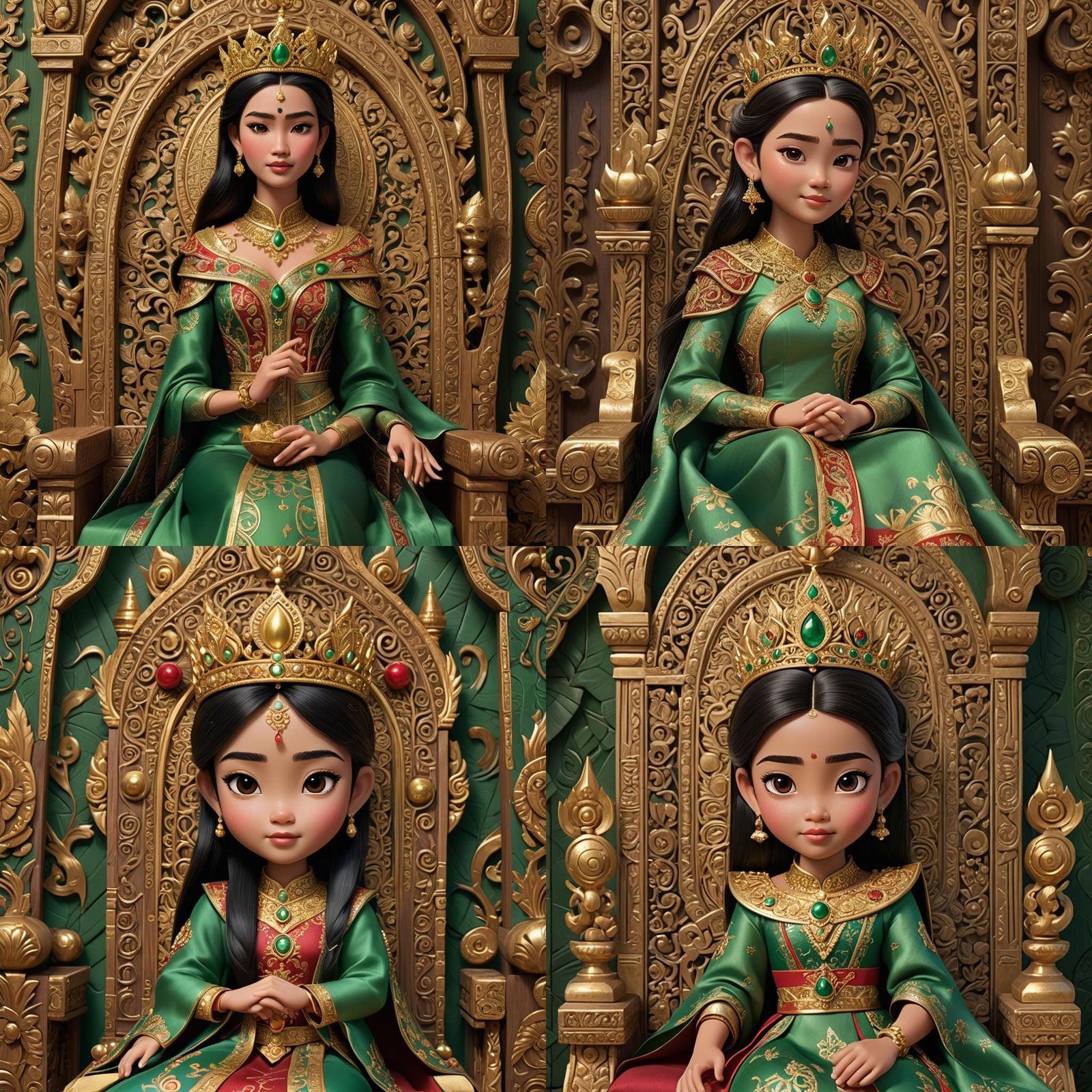 Thai Princess on Wooden Throne in Disney Pixar Style