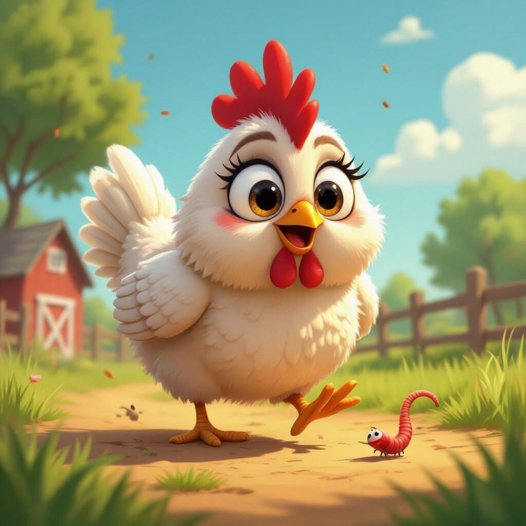 Whimsical Chicken Chases Worm in Animated Style