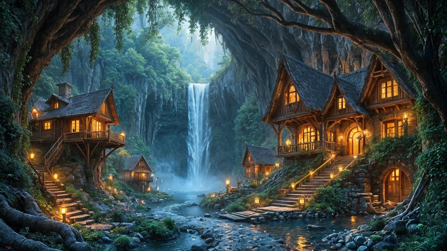 Underground Elven Village in Mystical Cavern