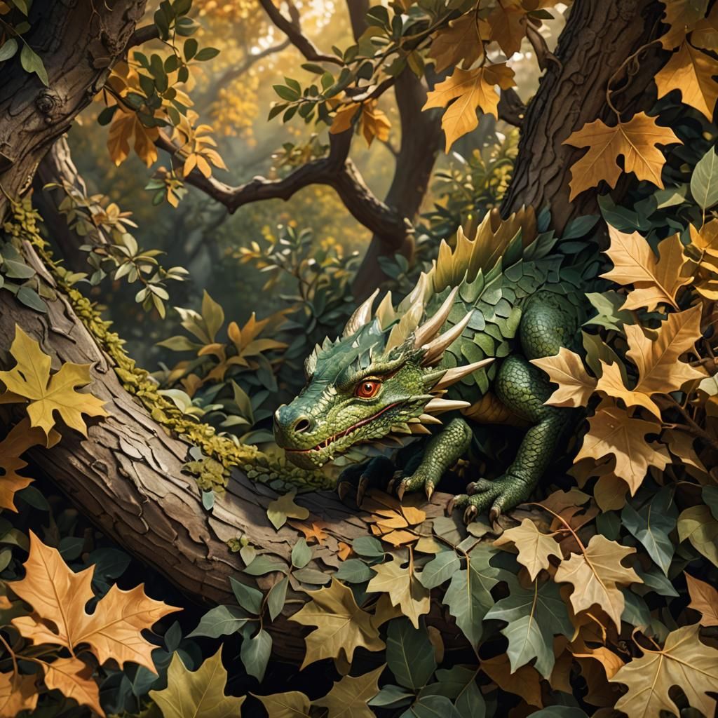 Olive Dragon Hiding in Autumnal Oak Leaves