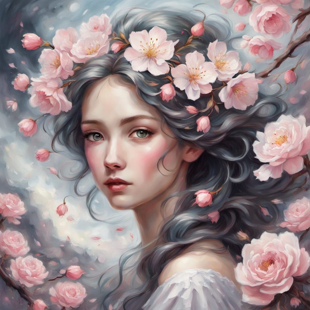 Cherry Blossom Goddess in Rose Landscape, Impasto Gouache