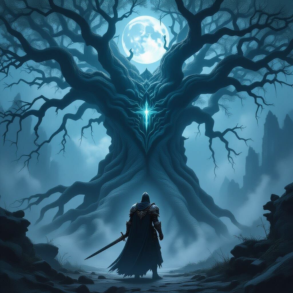 Concept art. Medium shot. A lone knight in ornate, shadowed ...