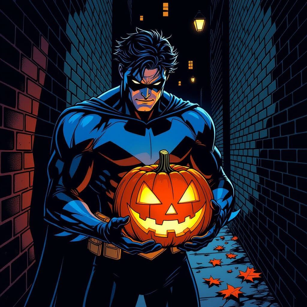 Nightwing Holds Glowing Jack-O-Lantern in Dark Alleyway