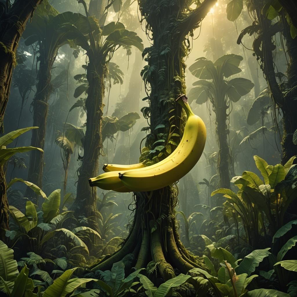 Glowing Banana in Mystical Forest, Fantasy Concept Art
