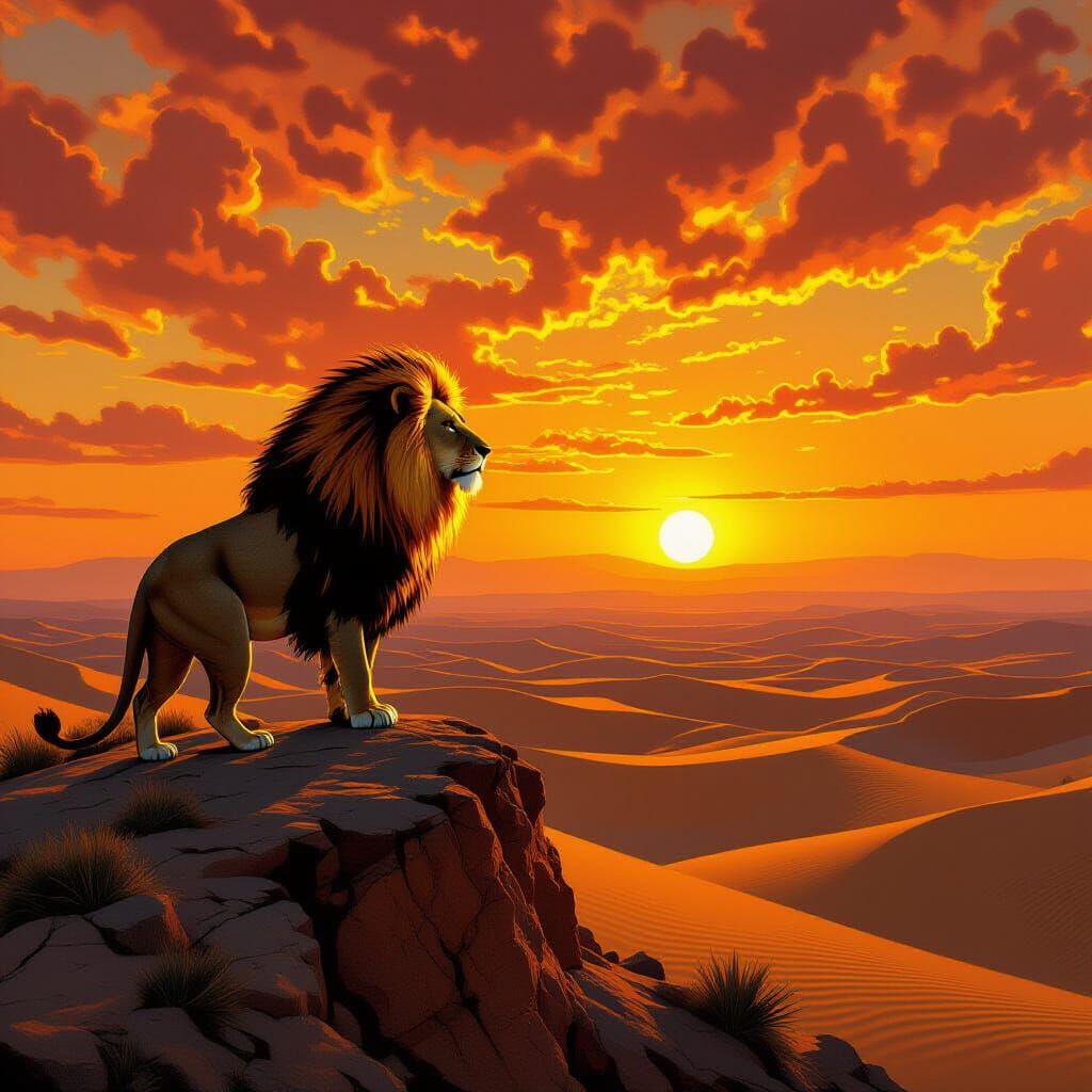 Golden Lion Overlooking Desert Sunset: Klimt and Stalenhag S...