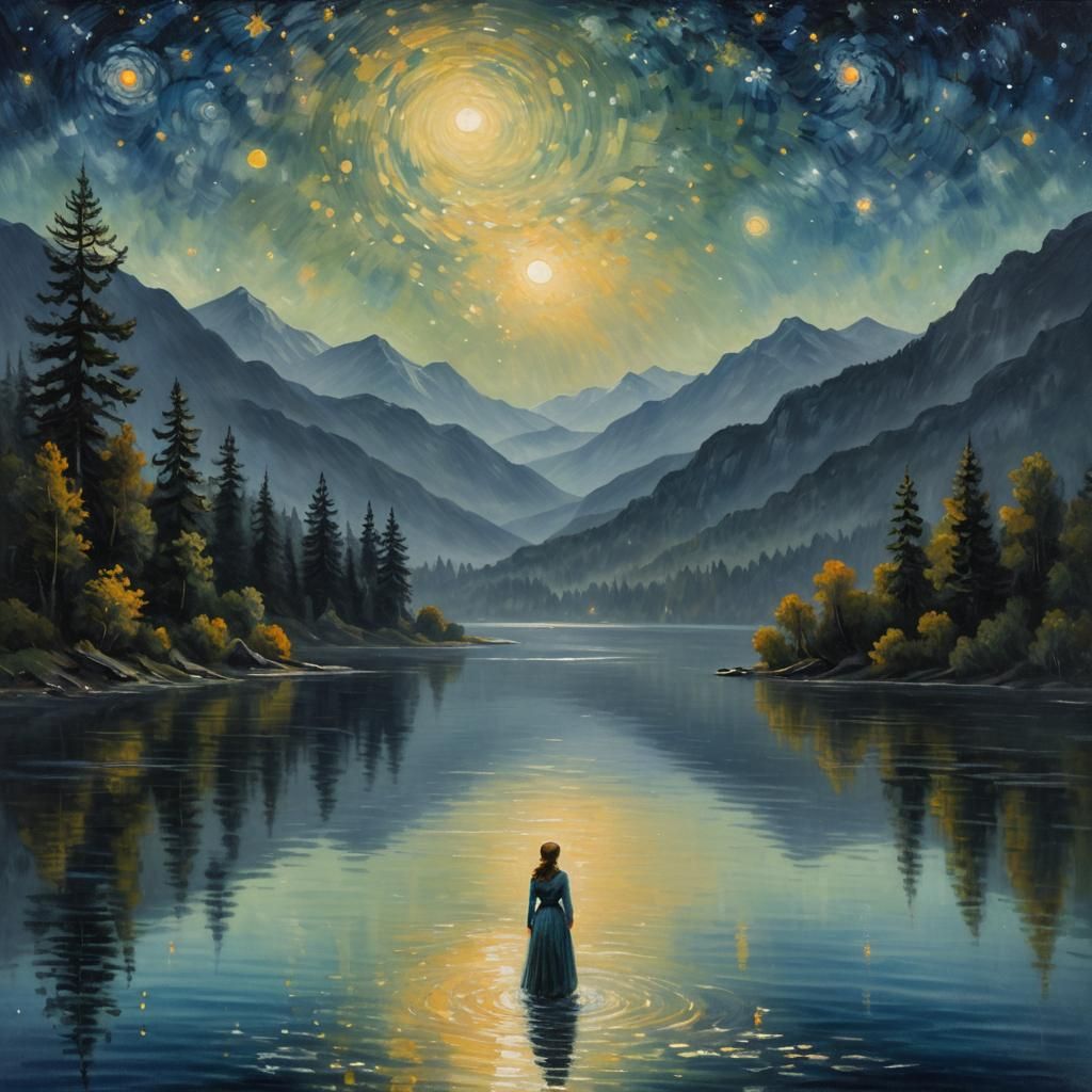 Starry Night Impressionism: Serene Lakeside Scene