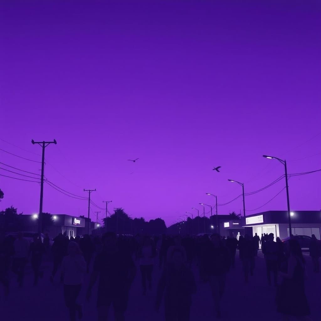 Purple Sky Scene with People Running