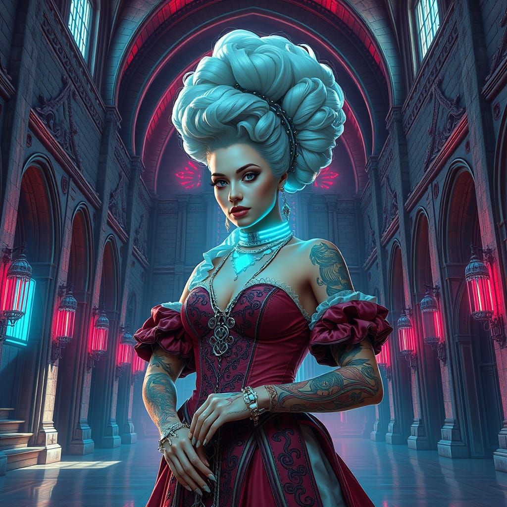 Cyberpunk Woman in Castle Hall with Neon Lights