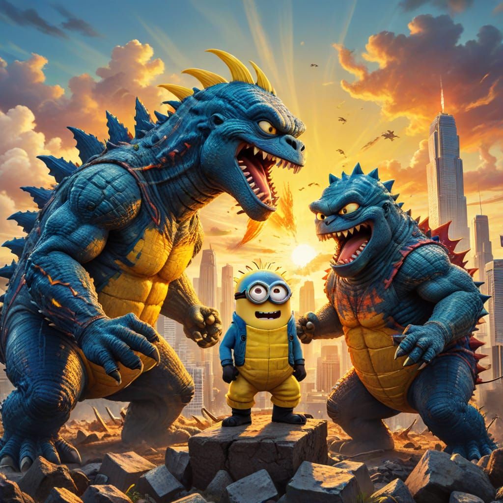 Minions Fight Godzilla in Cartoon Kaiju Art