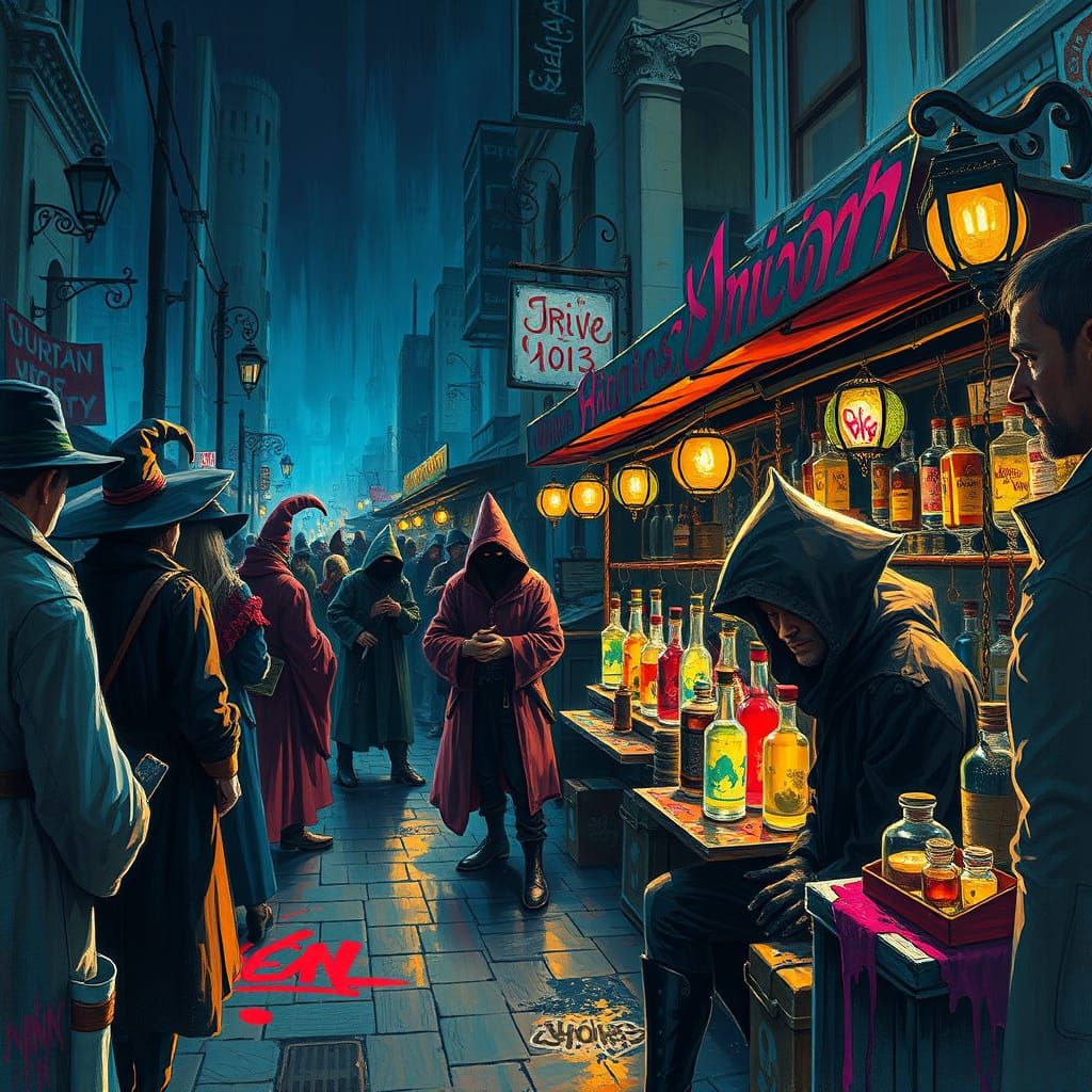 Vibrant Night Market Scene in a Cyberpunk Aesthetic