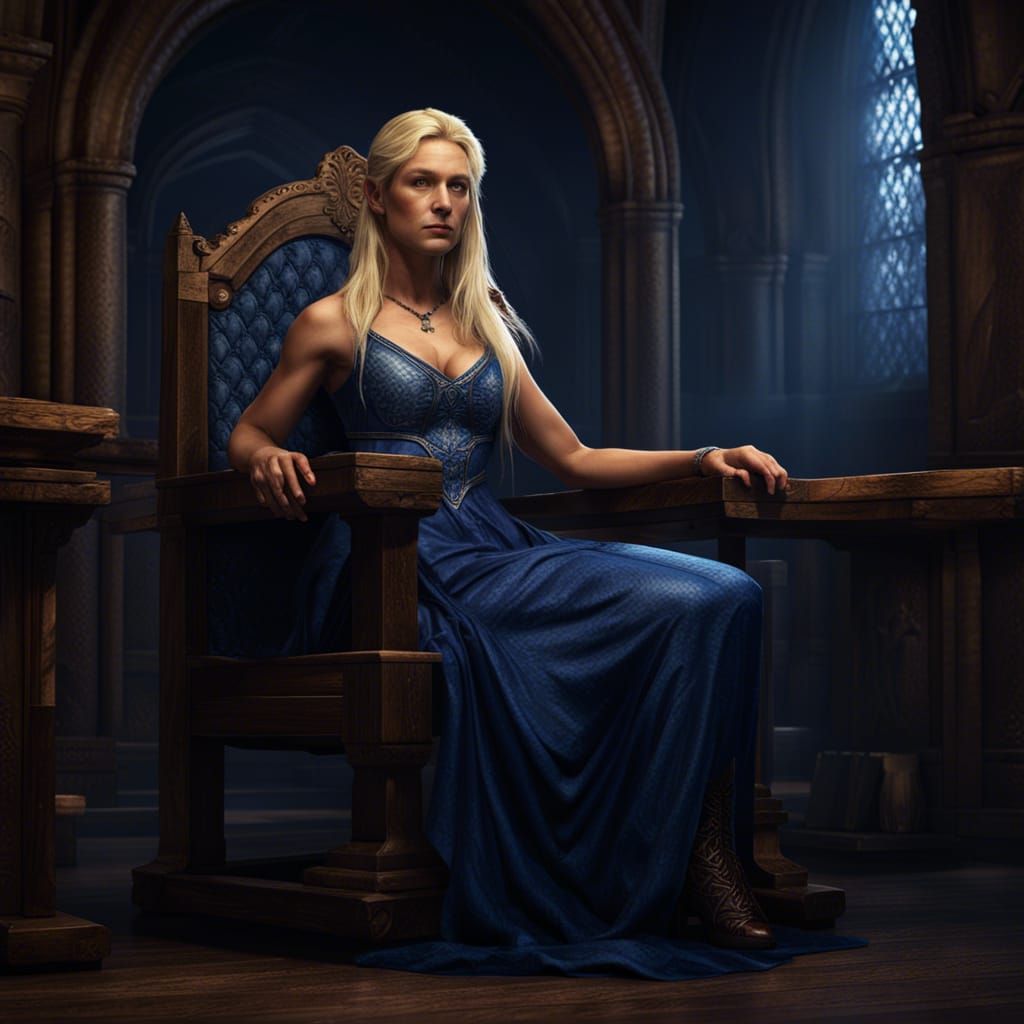 Blond Woman in Blue Dress: Dark Fantasy Art