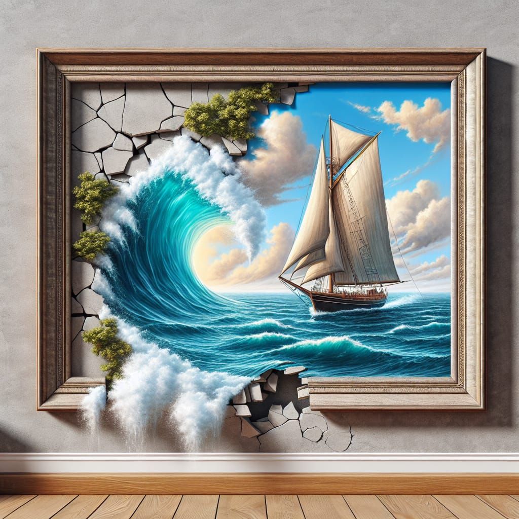Seascape Painting Breaks Free: A Surreal Scene