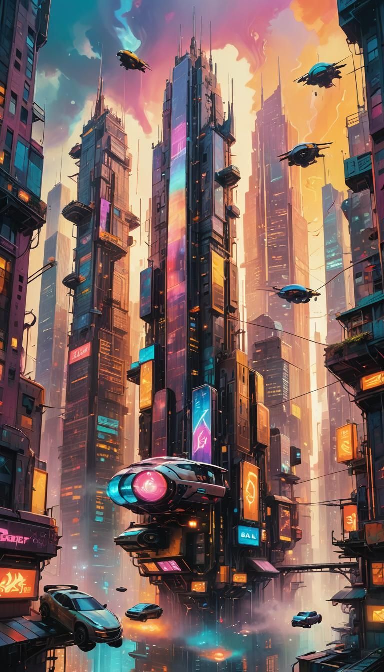 Futuristic Cityscape with Skyscrapers in Graffiti Art Style