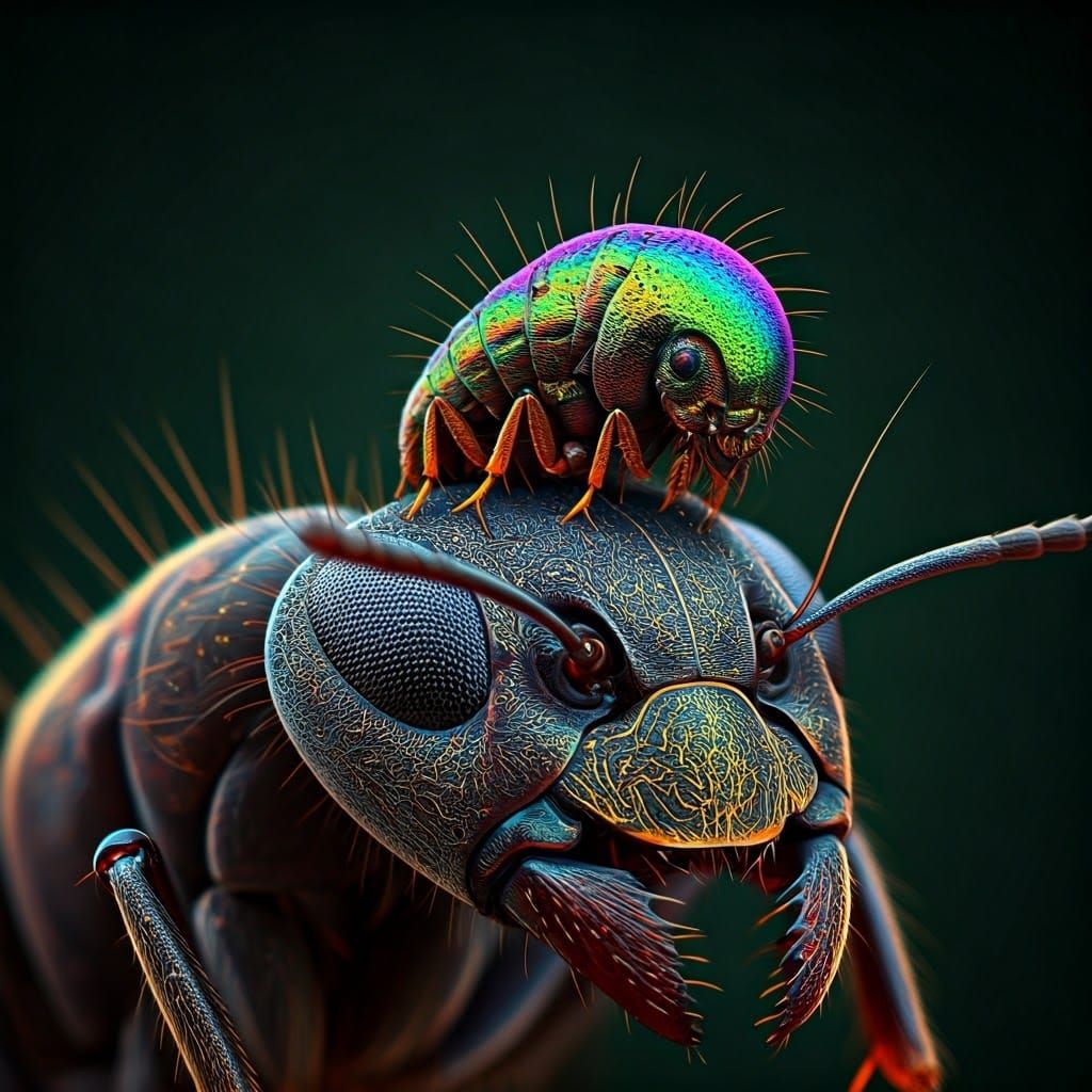 Vibrant, iridescent flea riding an ant, magnified in minute ...
