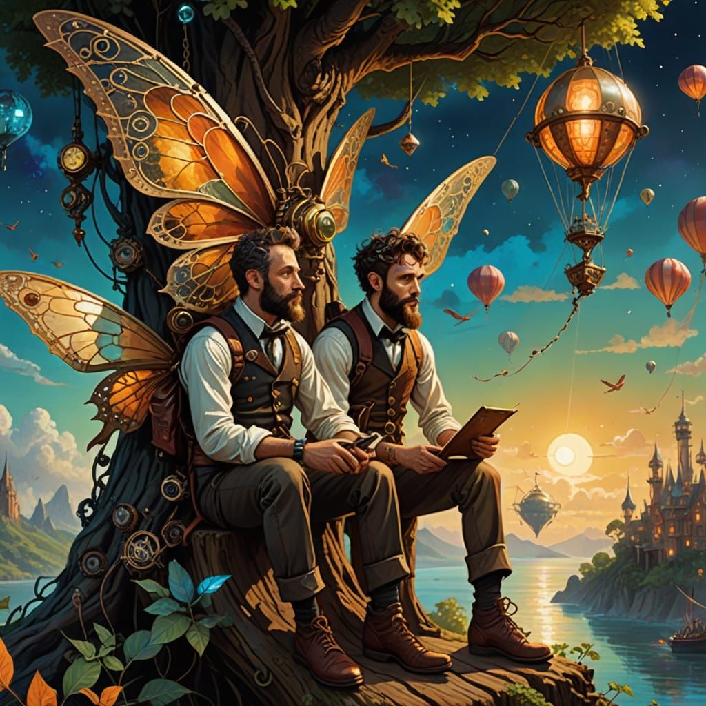 Steampunk Fairy and Boy with Kite in Mixed Media