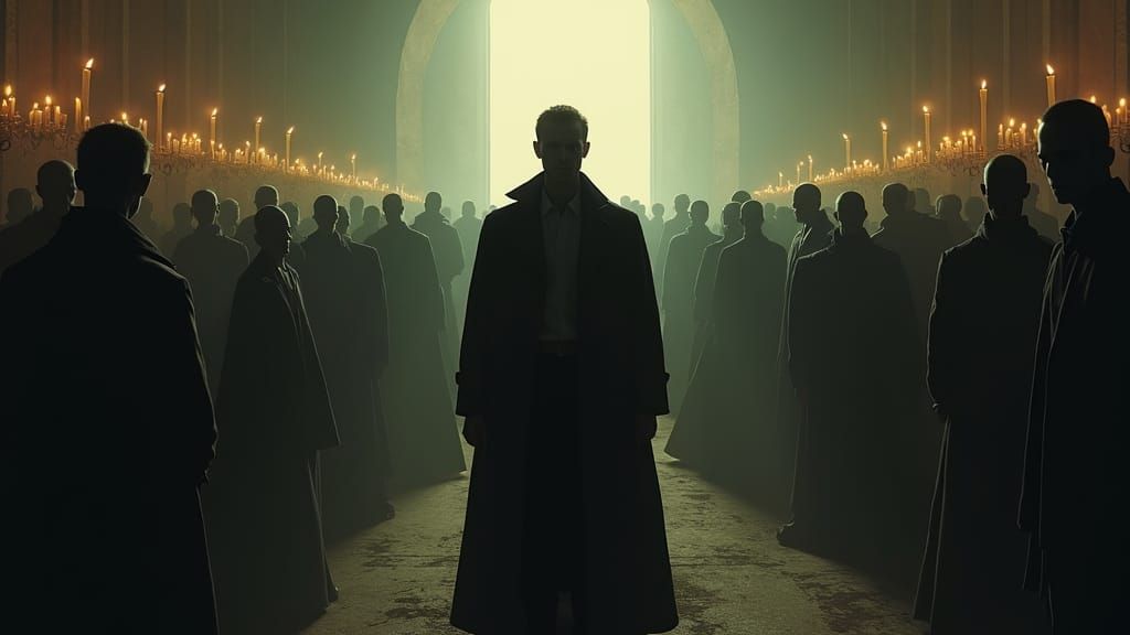 Man Defies Faceless Crowd in Moody Chiaroscuro Lighting