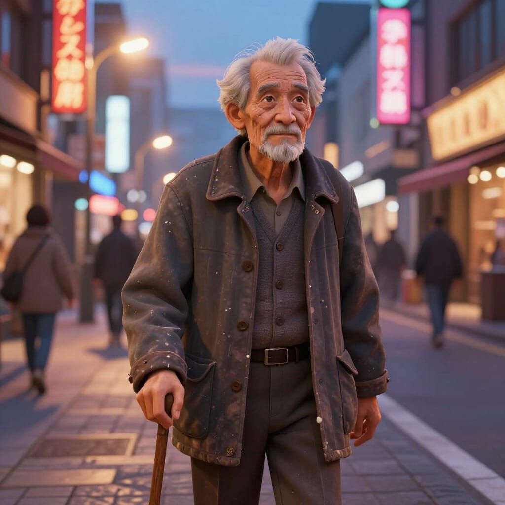 Elderly Man on City Street at Dusk in 3D Anime Style