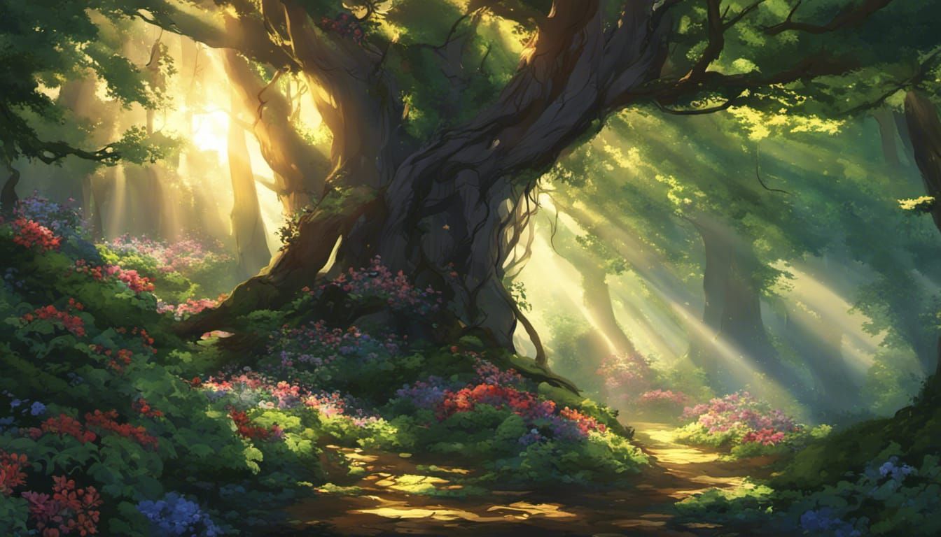 Lush Forest Scene in Anime Style