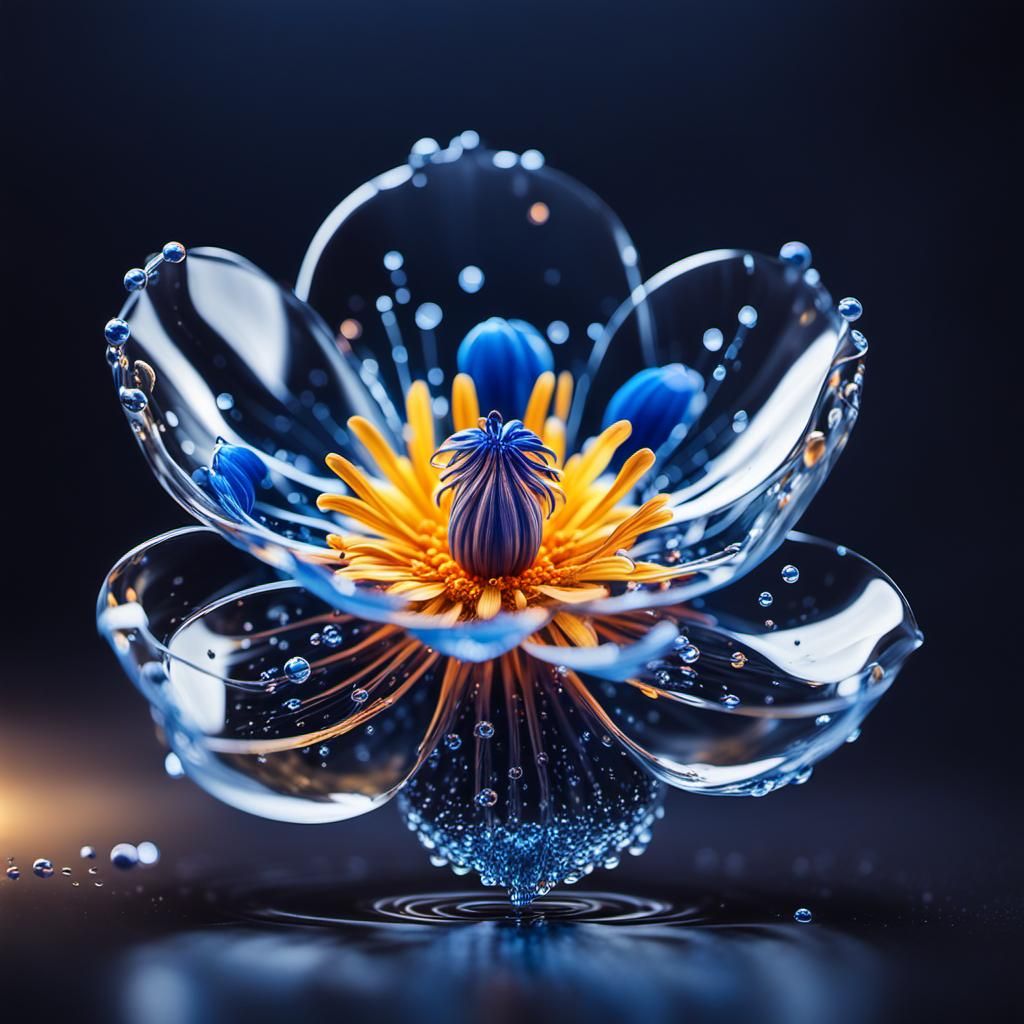 Glass Flower Trapped in Water Droplet