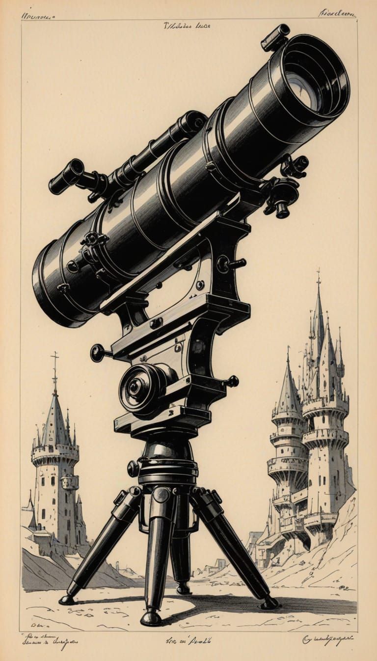 Victorian Era Telescope Blueprint in Stylized Drawing