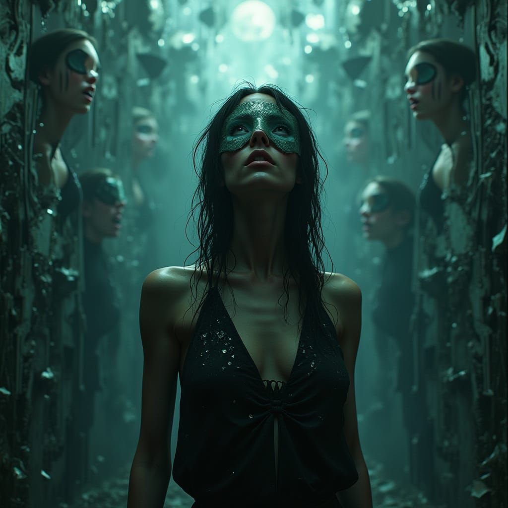 Woman with Multiple Personalities in Dark Futurism Style