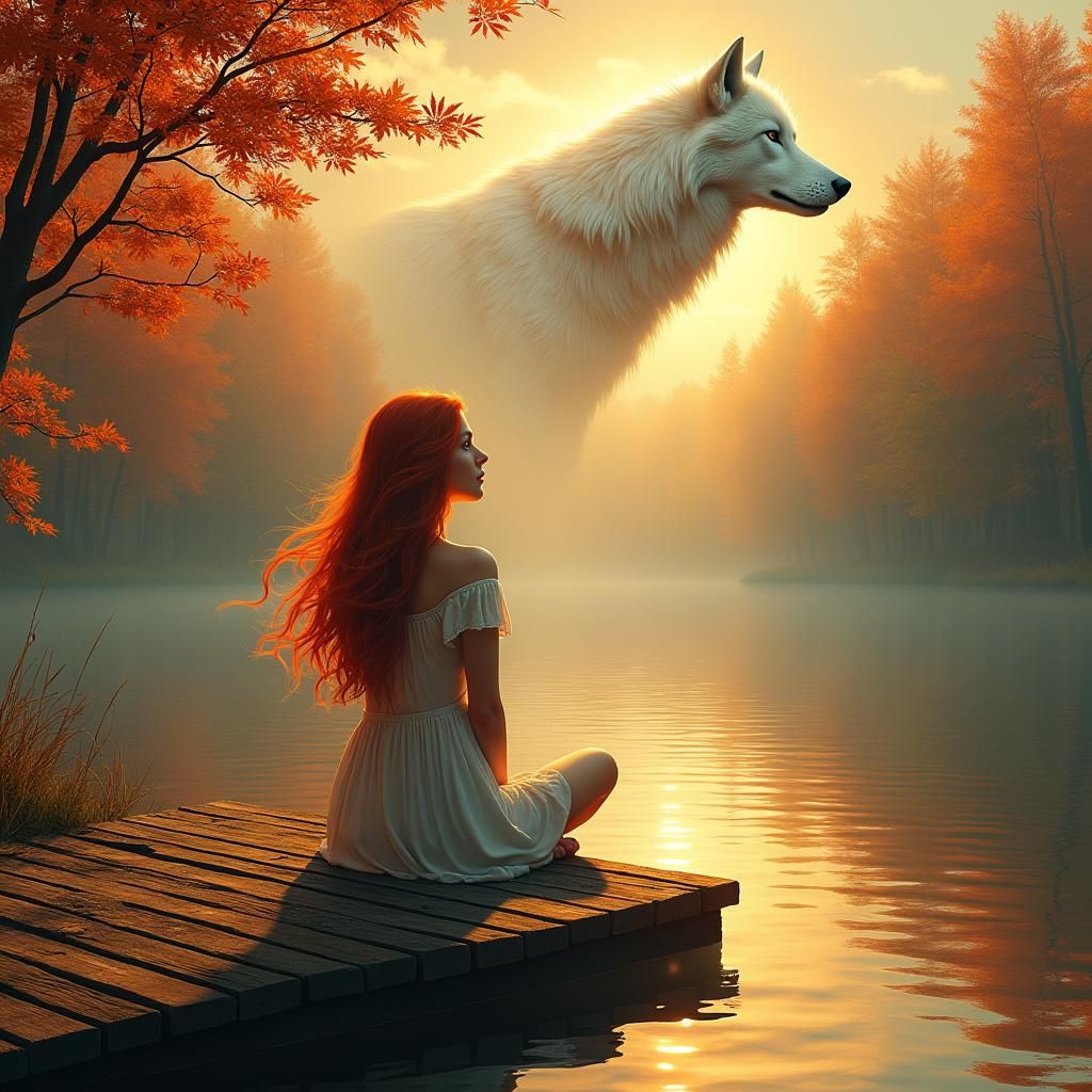 Autumn Landscape with Girl and Wolf, Matte Painting