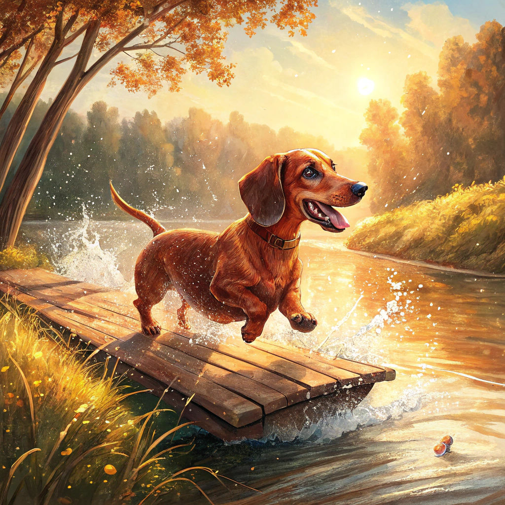 Joyful Dachshund Dive: Summer River Scene