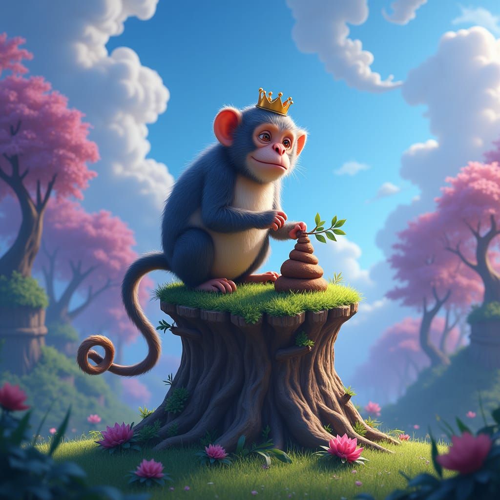 Monkey King on Mossy Stump in Fantasy Forest