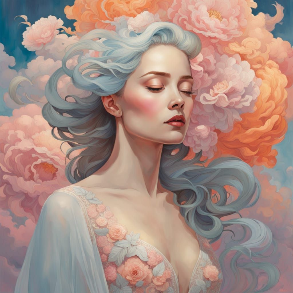 Surreal Woman in Pastel Clouds, Dreamlike State