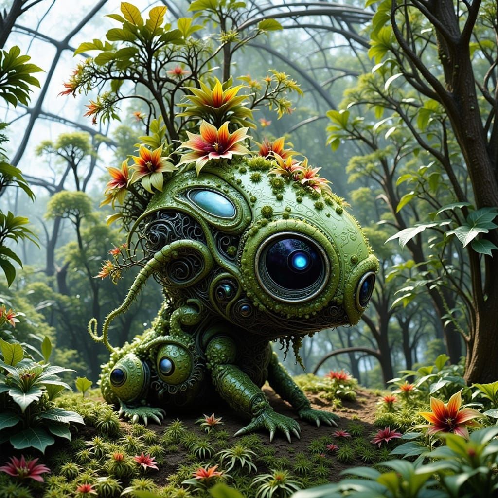 Adorable Robot in Ancient Grove with Spaceship