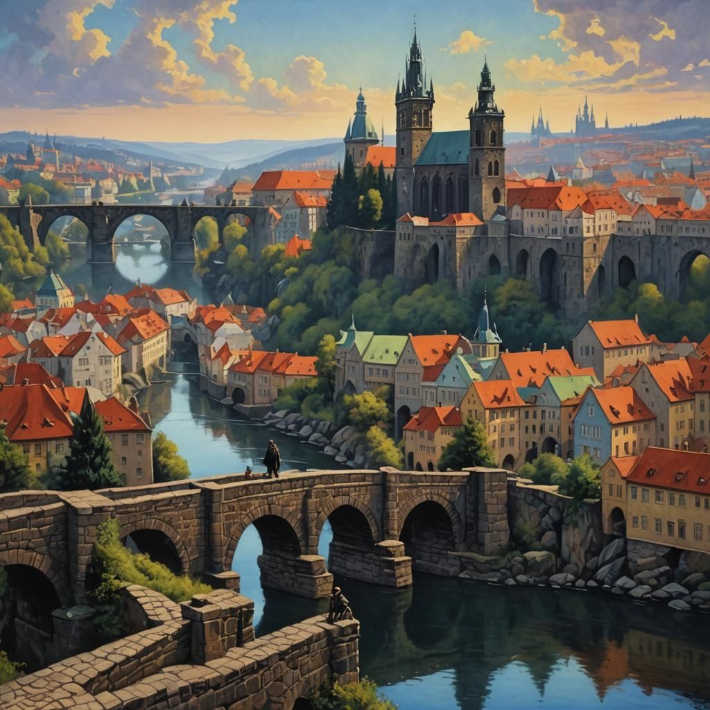 Masked Figure Overlooking Prague Bridge in Oil Painting Styl...