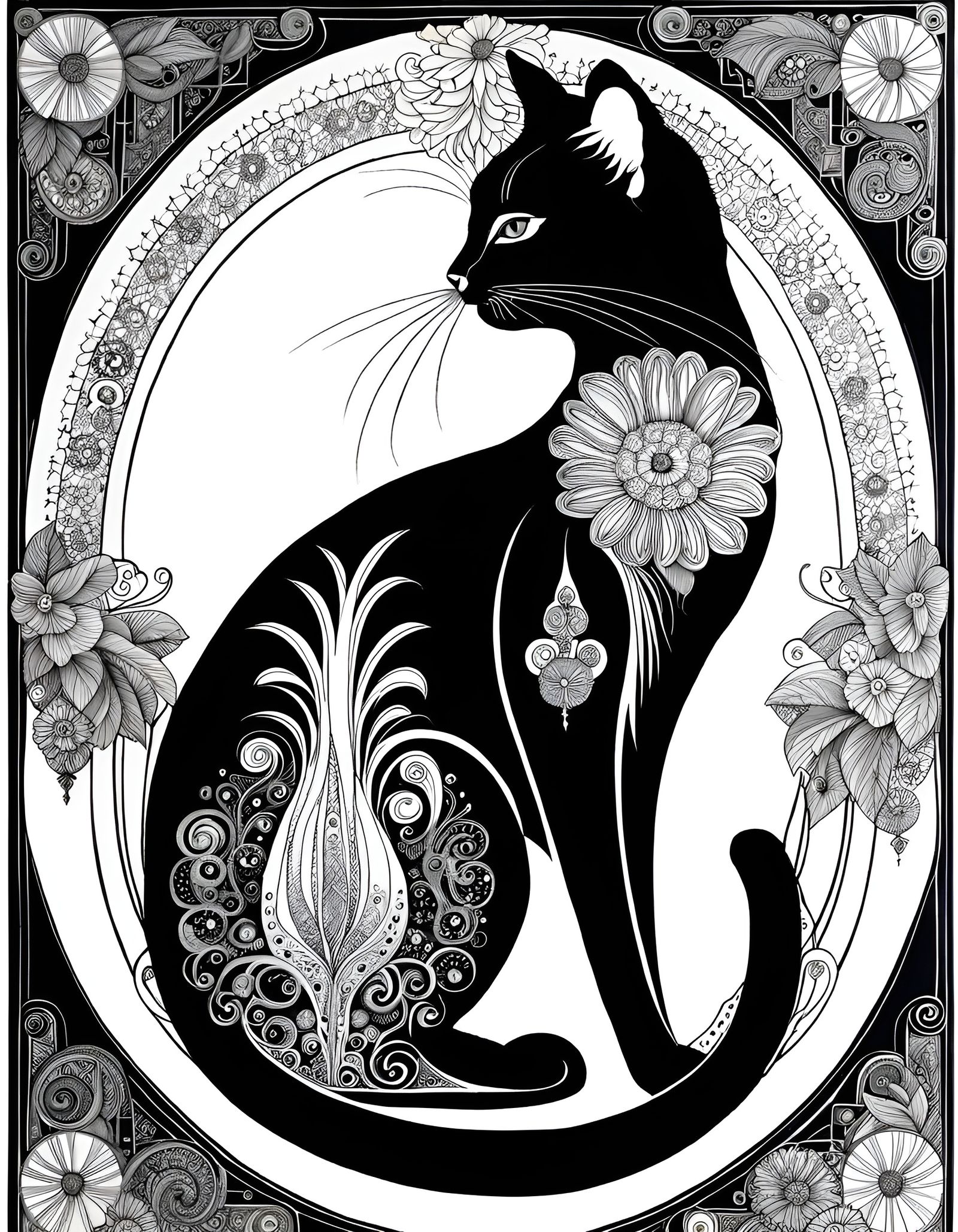 Ornate Kitten Line Art in Art Nouveau Style