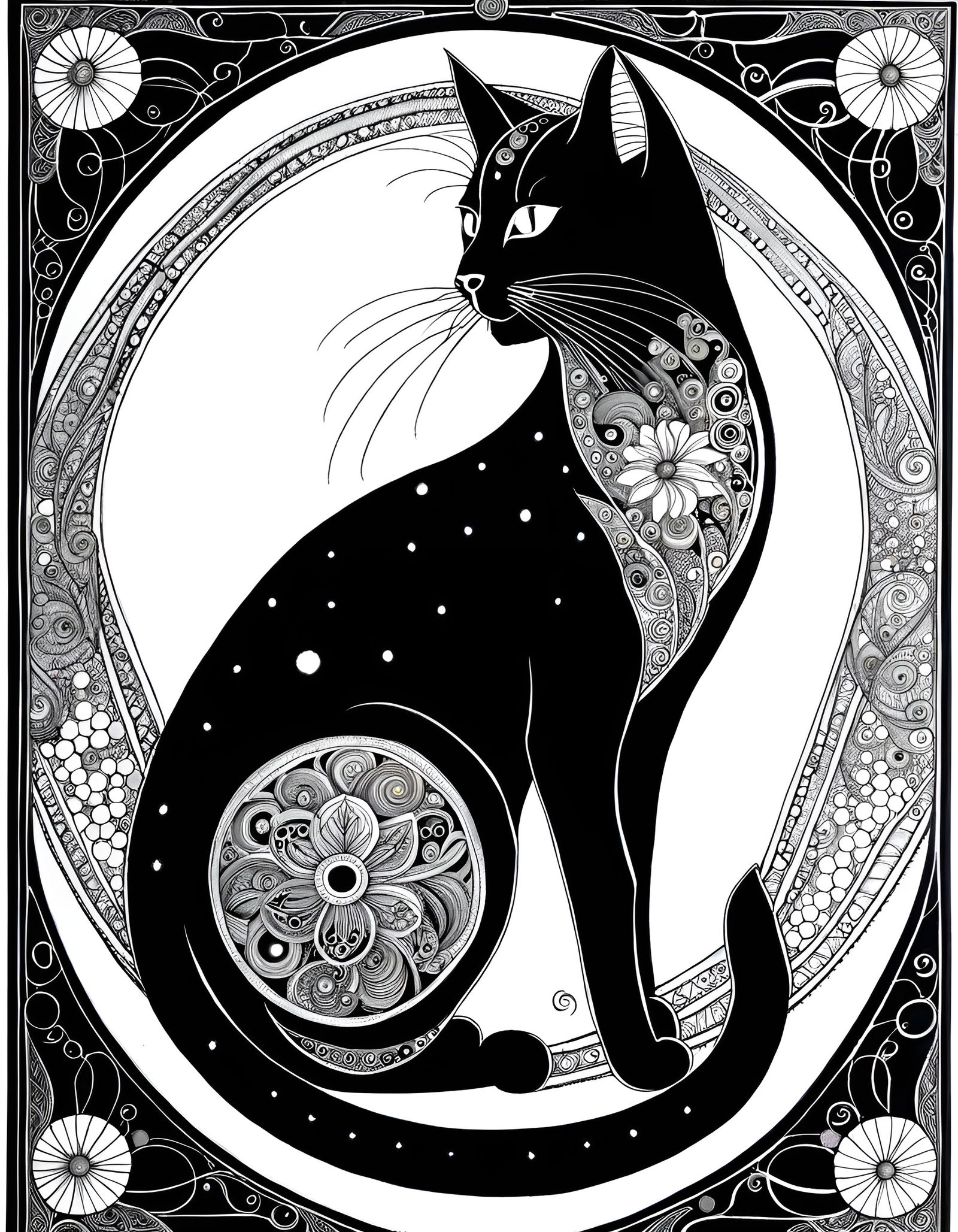 Ornate Kitten in Art Nouveau Style Ink Drawing
