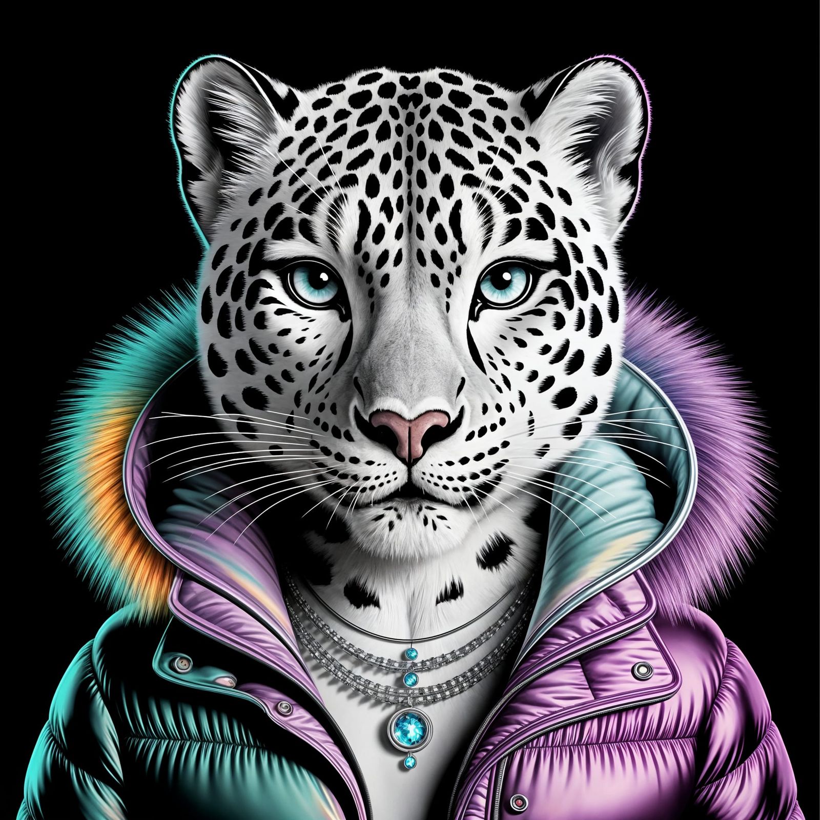 Mystical Snow Leopard Girl with Holographic Aura