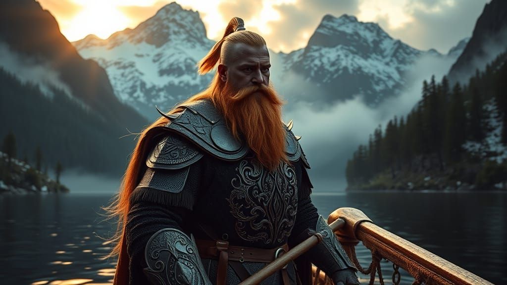 Epic Viking King Standing at Longboat Prow in Futuristic Lan...