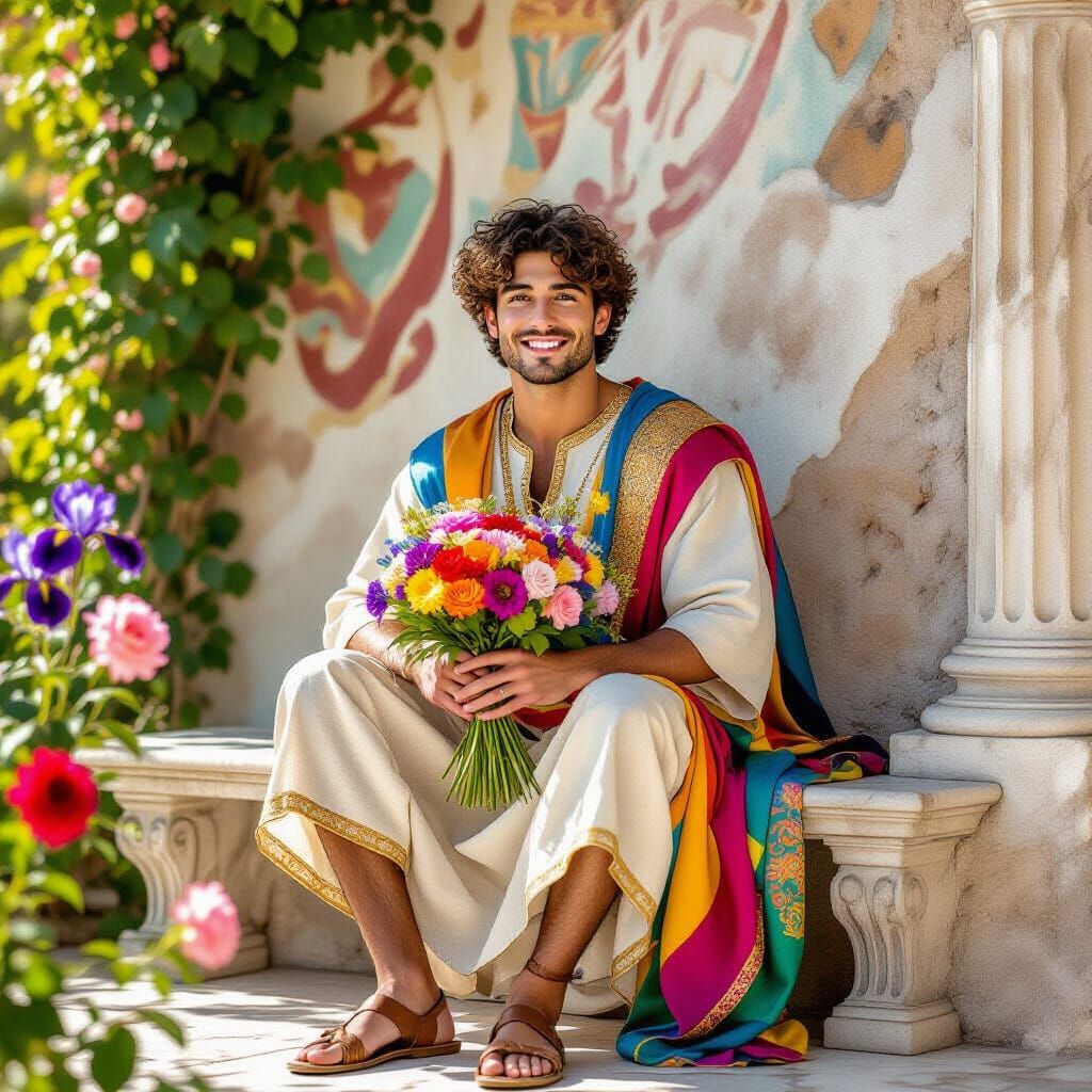 Joyful Man in Classical Garden with Rainbow Tunic