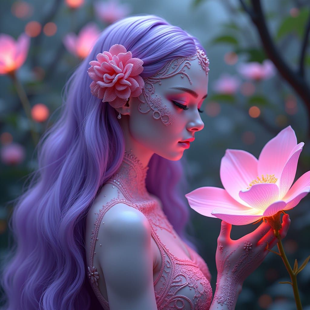 Porcelain Goddess in Futuristic Garden, Syd Mead Style