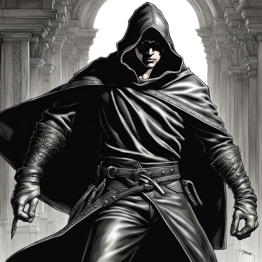 Fantasy Thief in Dynamic Pose, Detailed Illustration