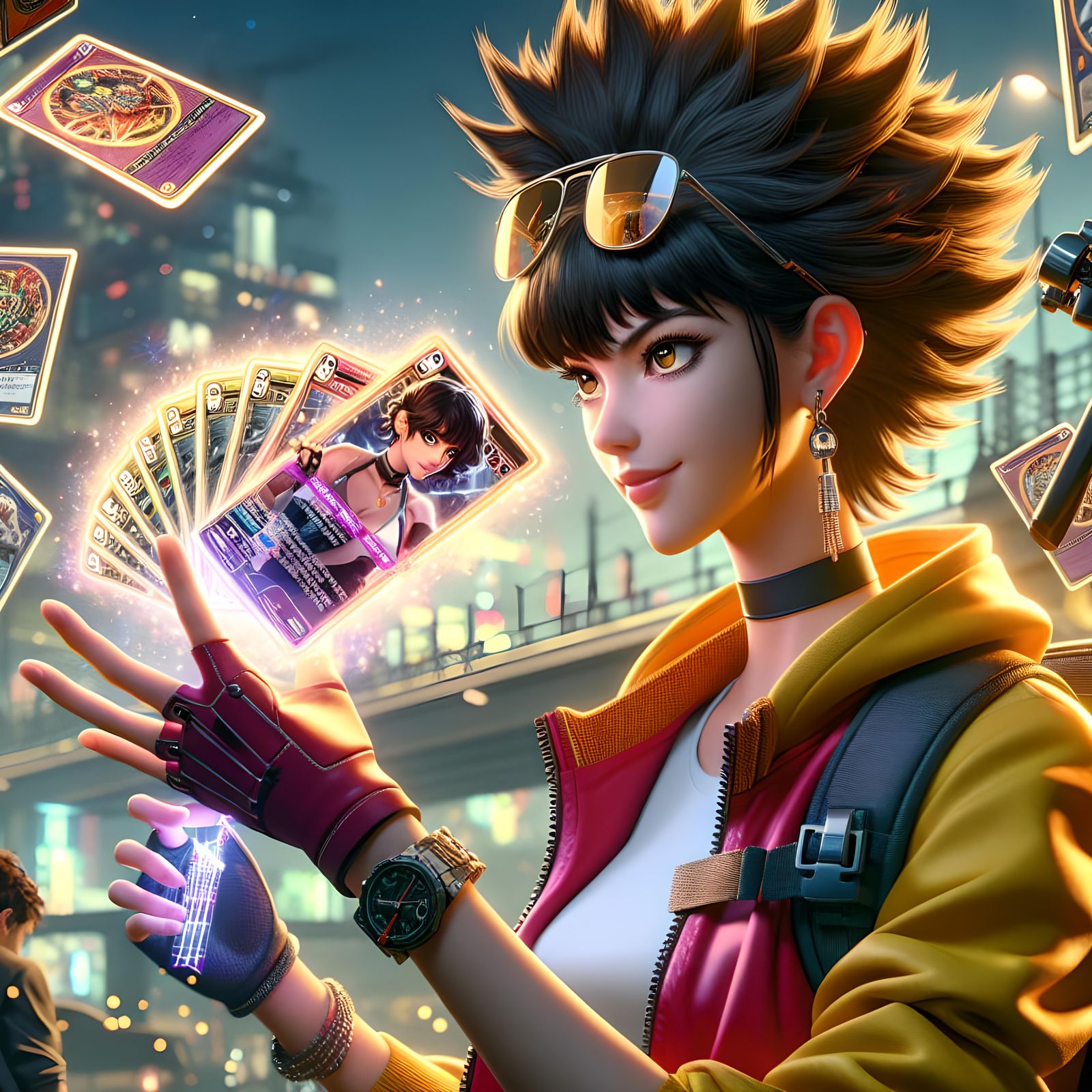 Anime Spy Card Duel in Bustling City