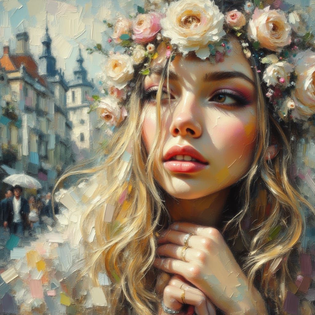 Woman in Cityscape, Unity Light, Oil and Watercolour Grunge ...