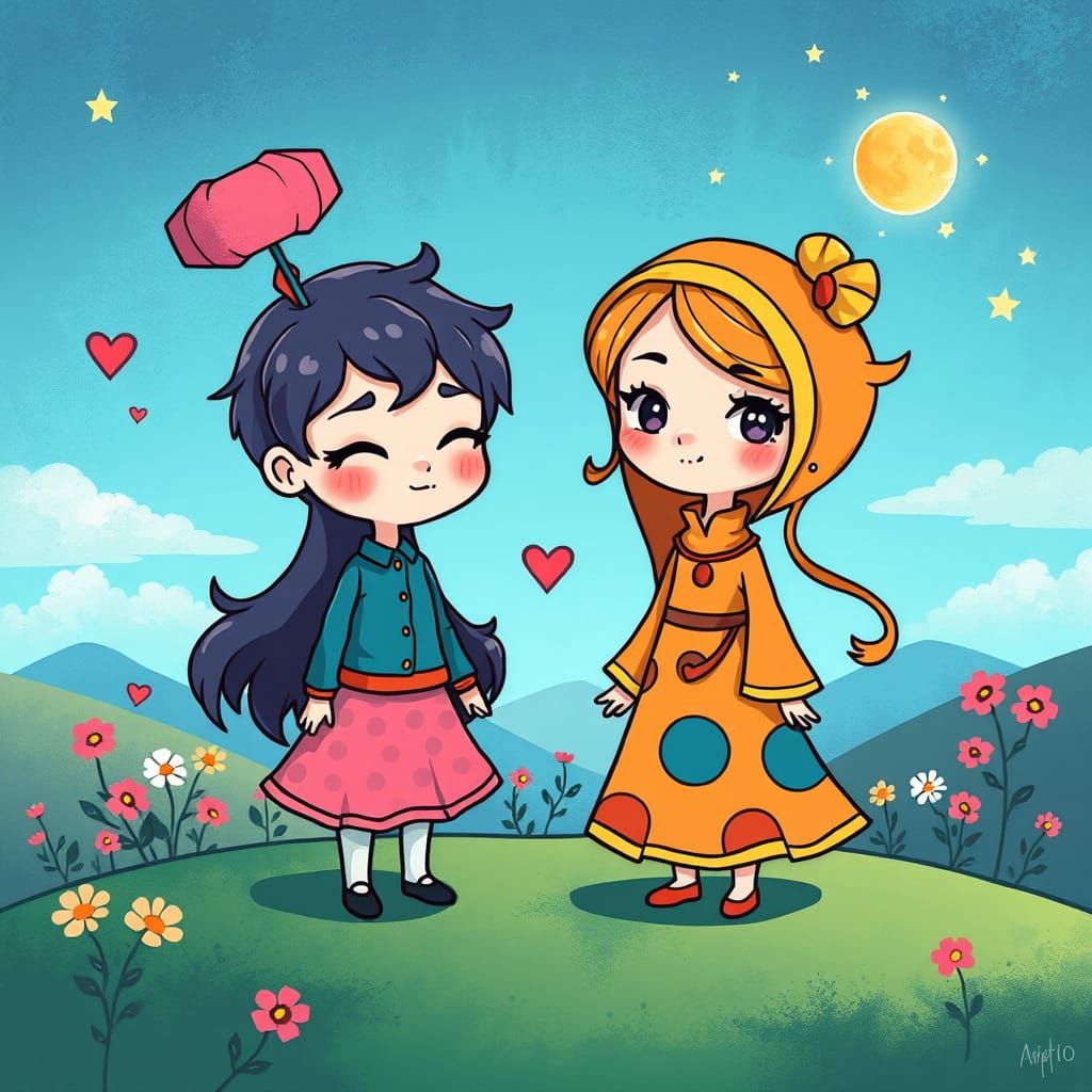 Whimsical Chibi Couple in Fantasy Landscape