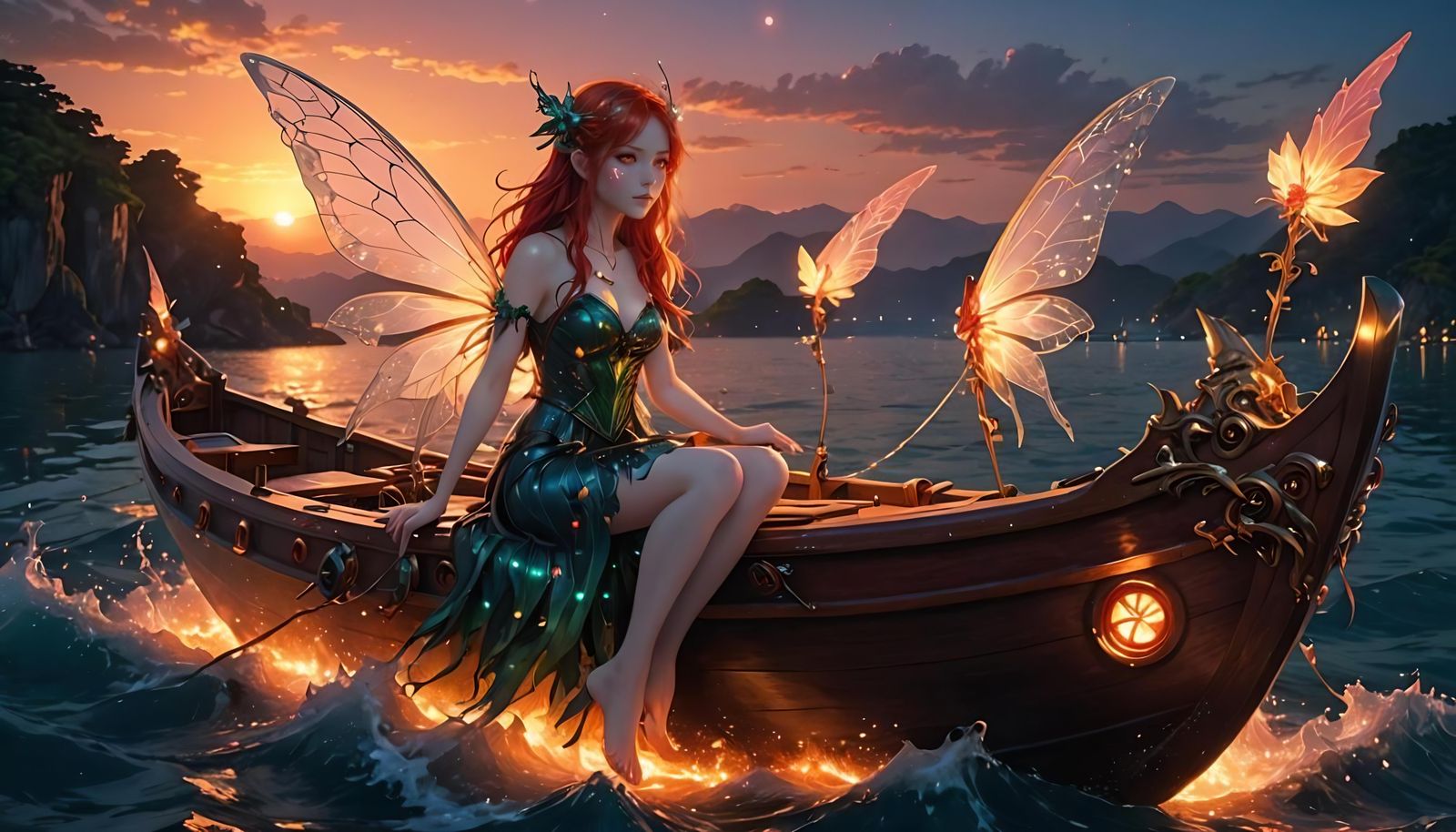 Anime Fairy on Bioluminescent Animal-Boat at Sunrise