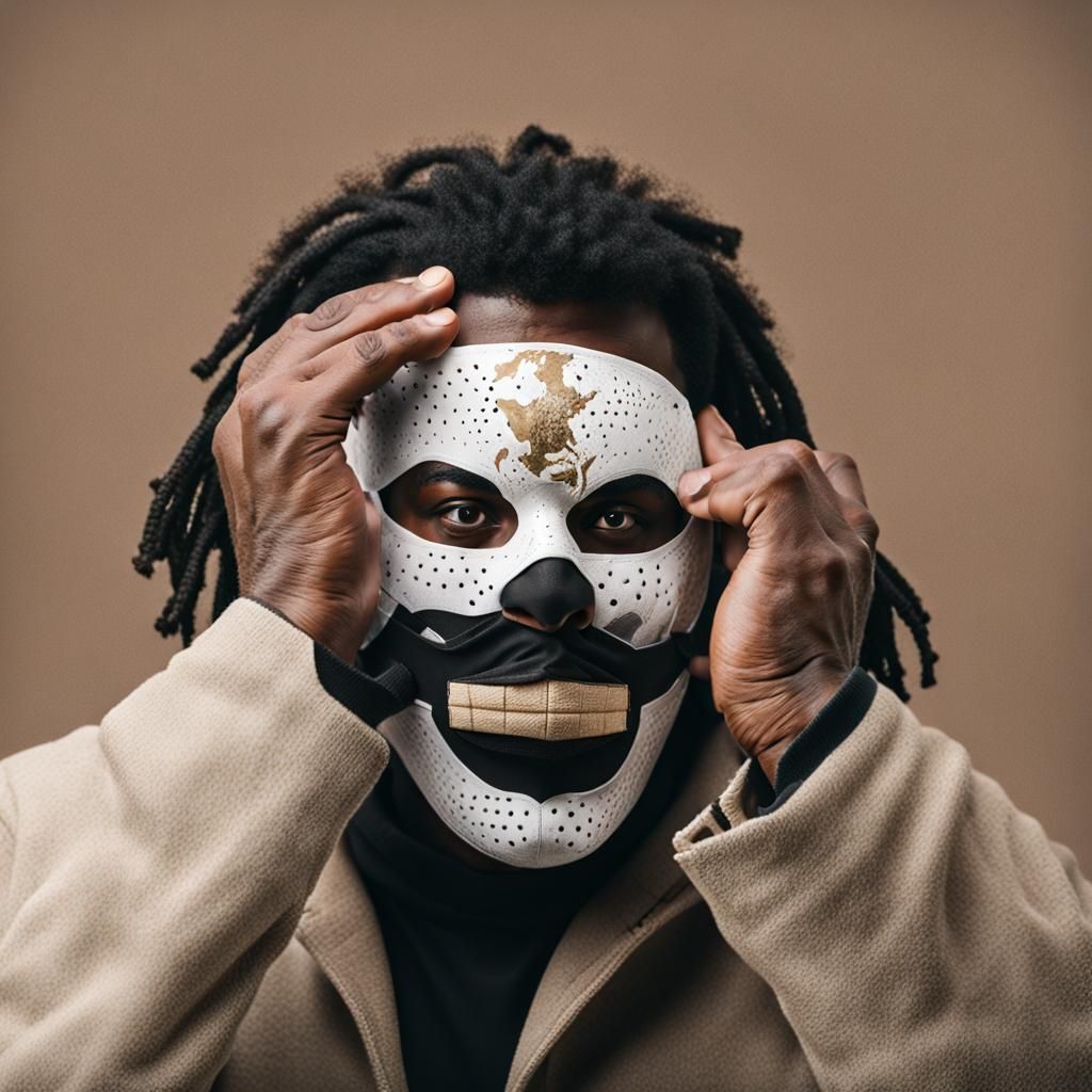 a man is just removing a ball masque from his face, only to ...