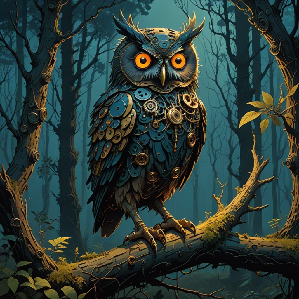 Clockwork Owl Automaton on Gnarled Branch in Twilight Forest