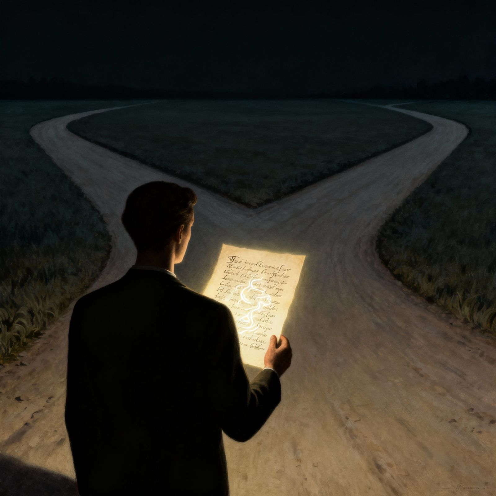 Surreal Crossroads: Figure Follows Ethereal Script