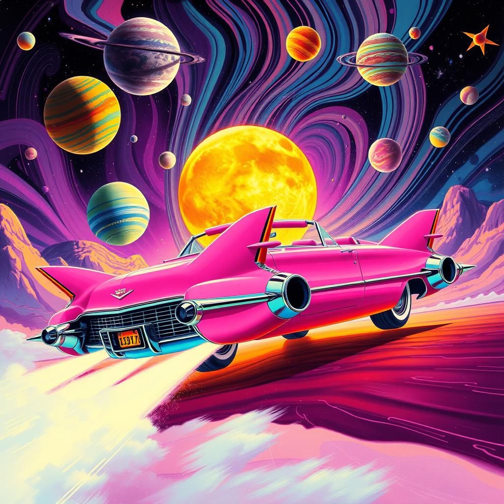 a psychedelic trip in a retro pink caddy with rocket booster...